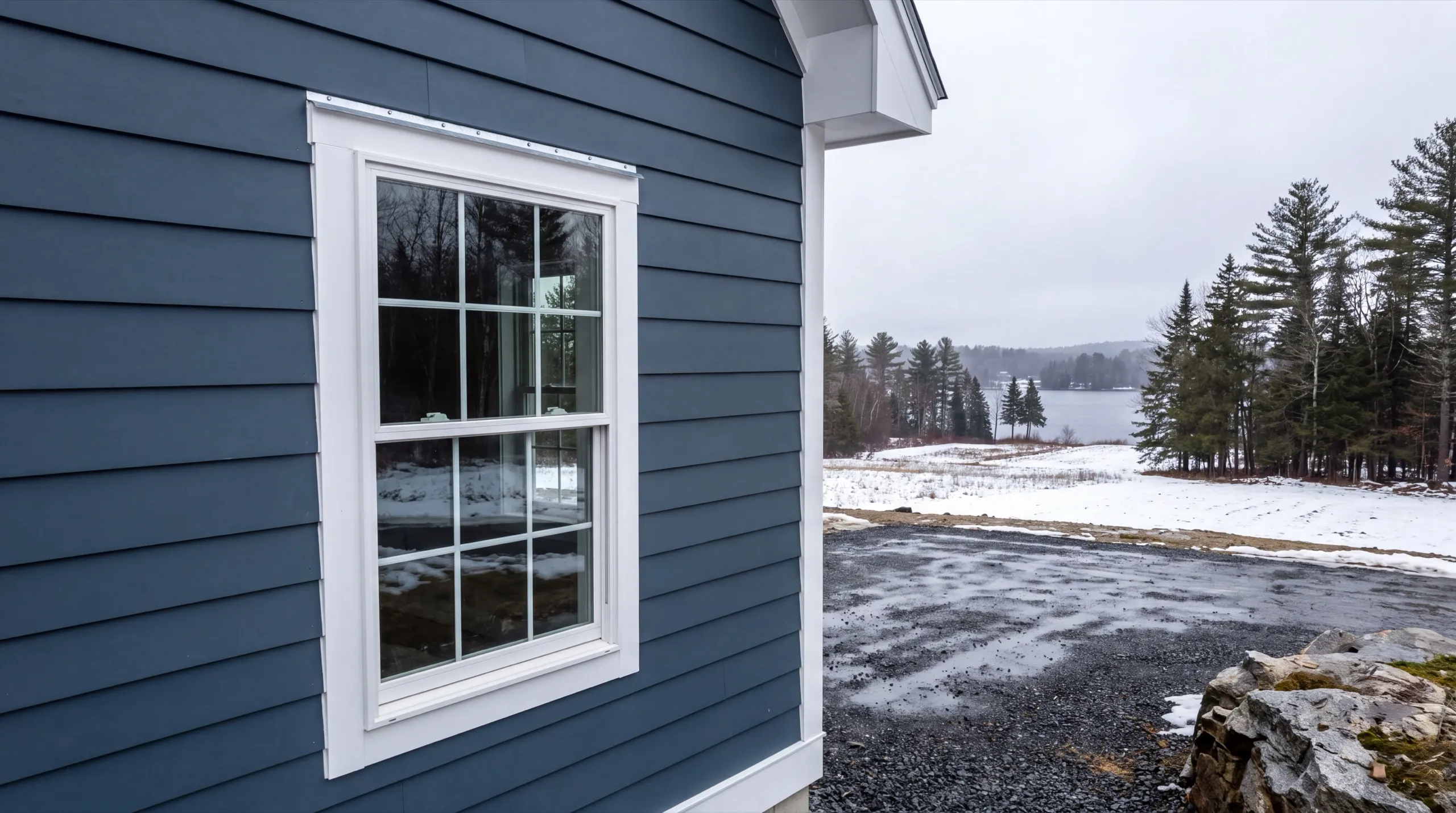 Siding installer Sidney Maine: blue lap siding around a white window casing with a metal drip cap