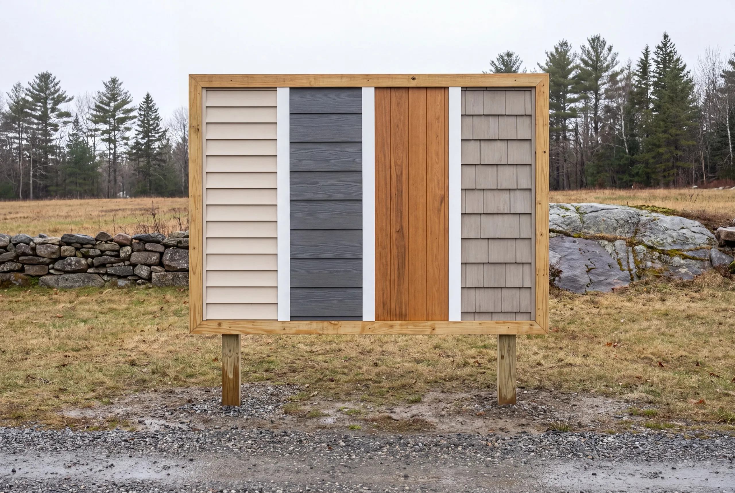 Siding installer Sidney Maine: sample board on posts with vinyl, charcoal lap, cedar board and cedar shingle panels