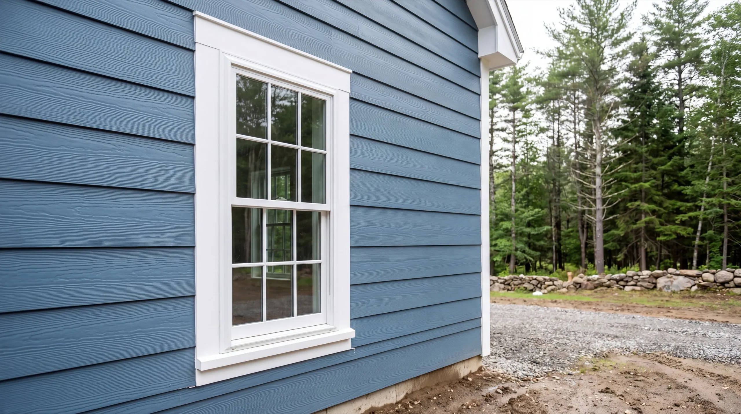 Siding contractor Central Maine: blue lap siding around a white trimmed double-hung window at a corner