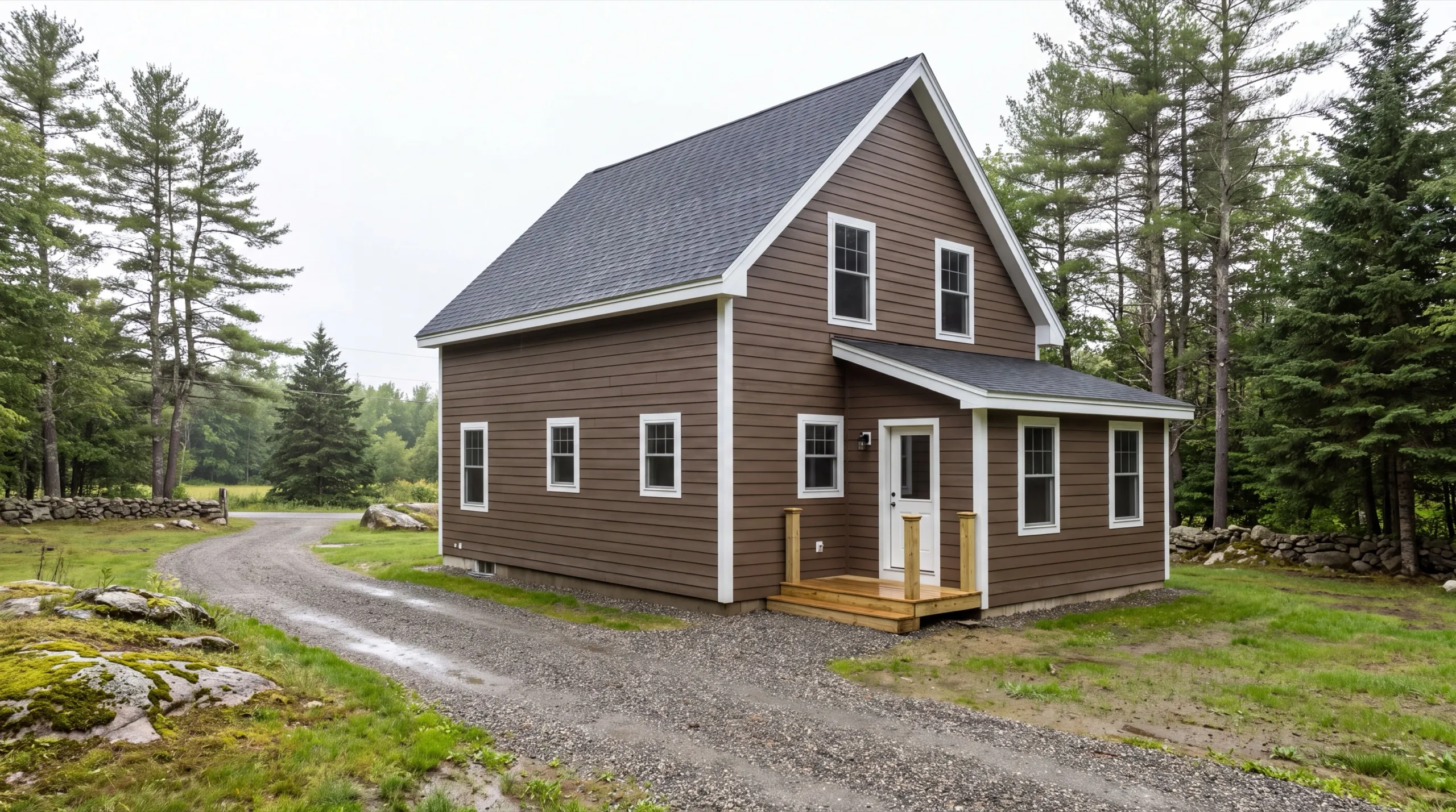 Siding contractor Vassalboro Maine: finished brown cape with lap siding, white trim and a wood entry step