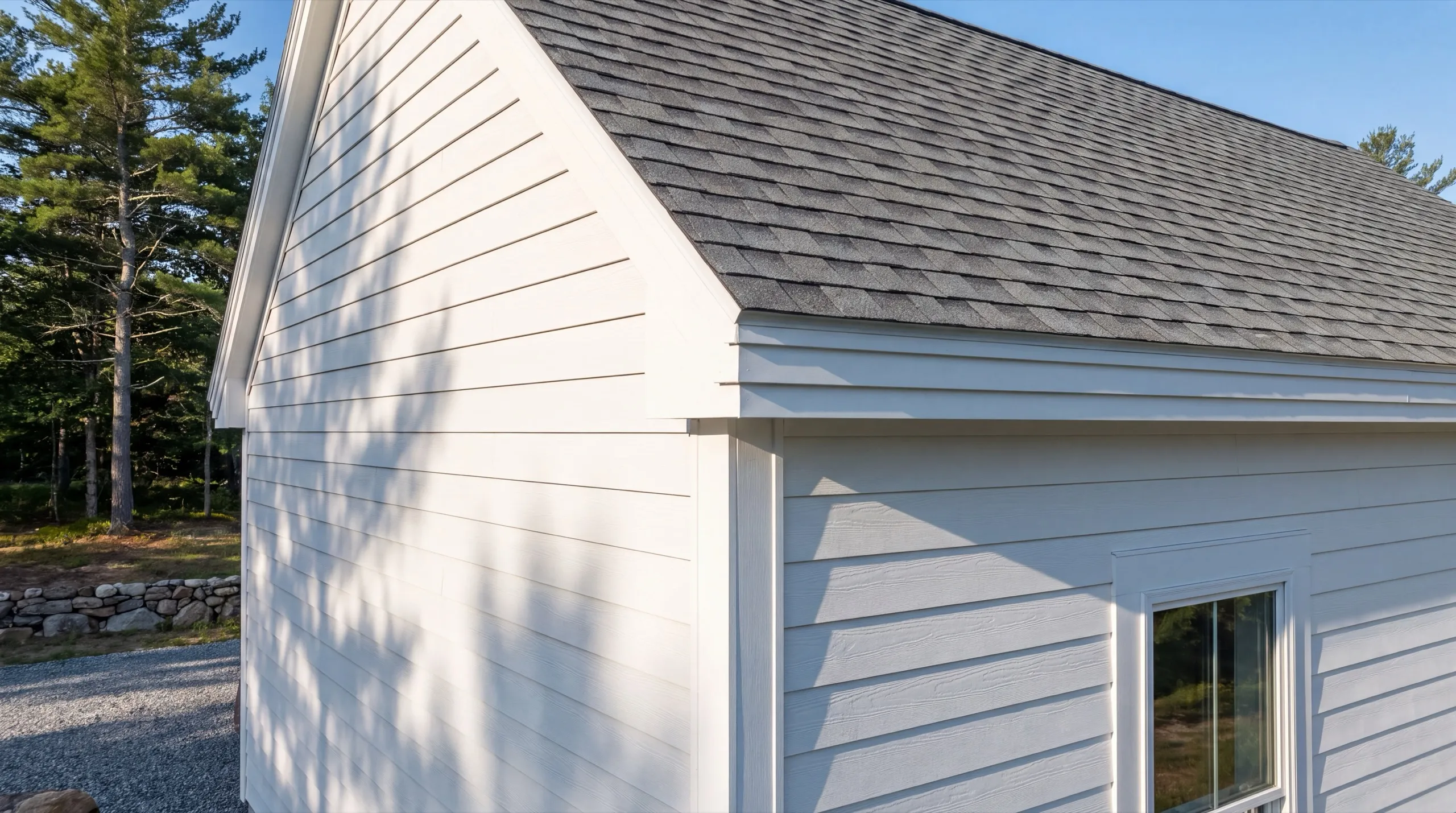 Siding contractor in Vassalboro, ME: close view of white lap siding on a gable and side wall