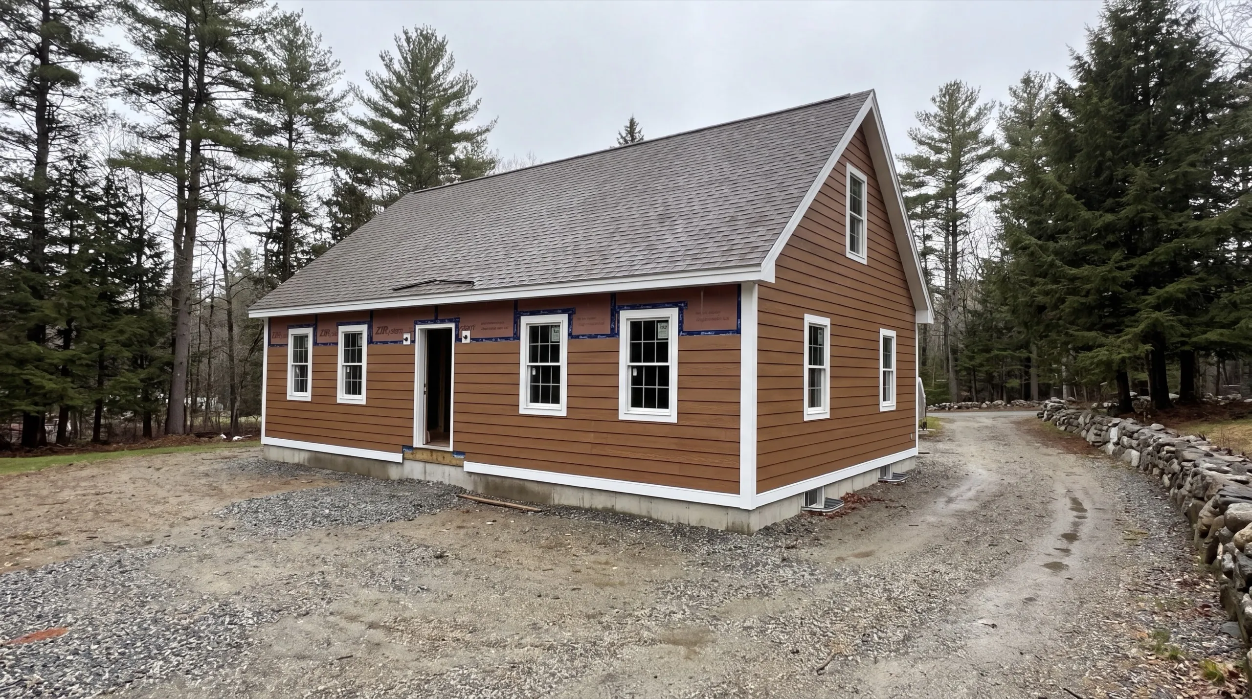 Siding contractor Vassalboro Maine: brown lap siding on a cape with the top band still in taped sheathing