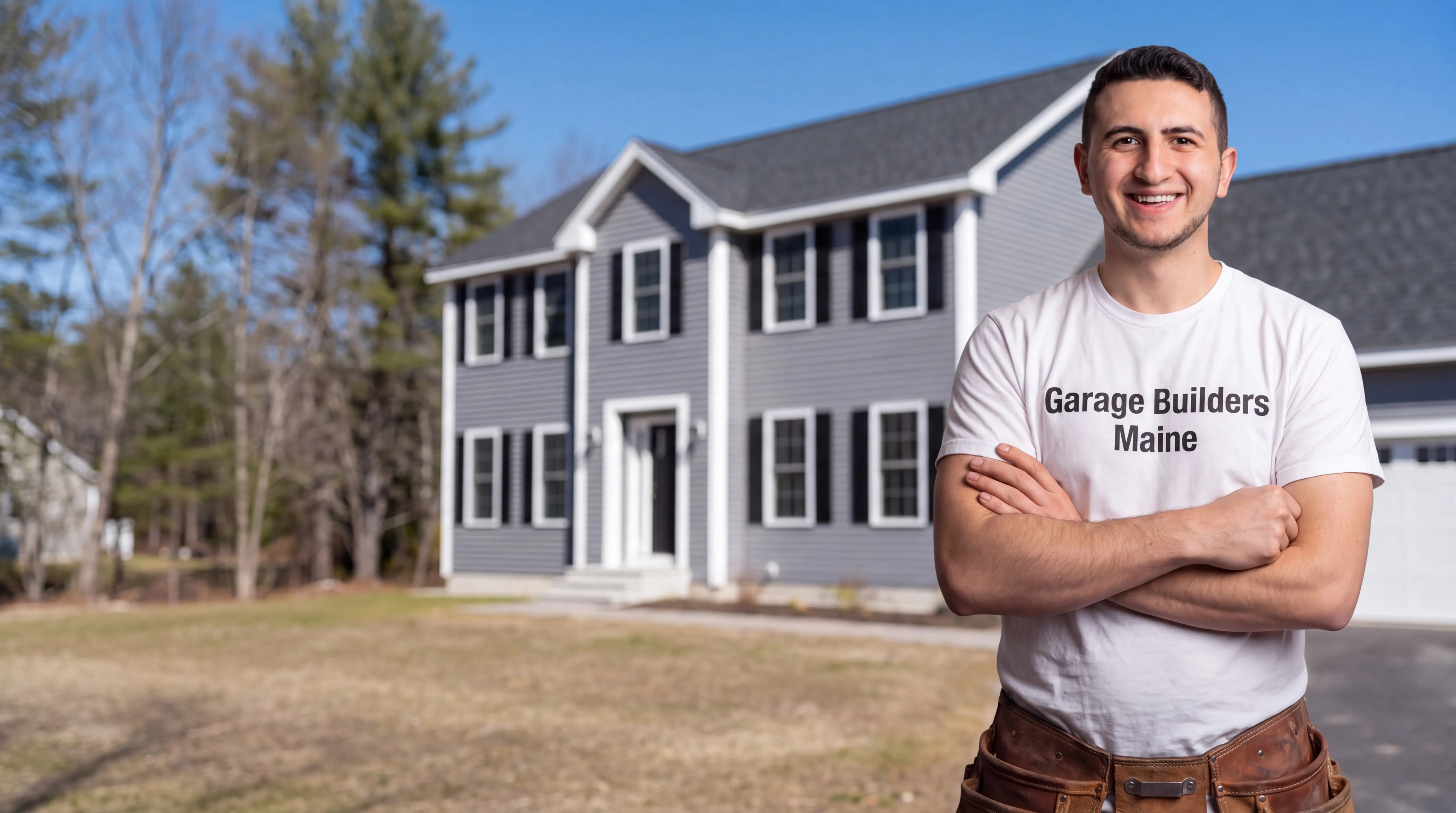 Siding contractor Vassalboro Maine: owner with arms crossed in front of a gray colonial with black shutters