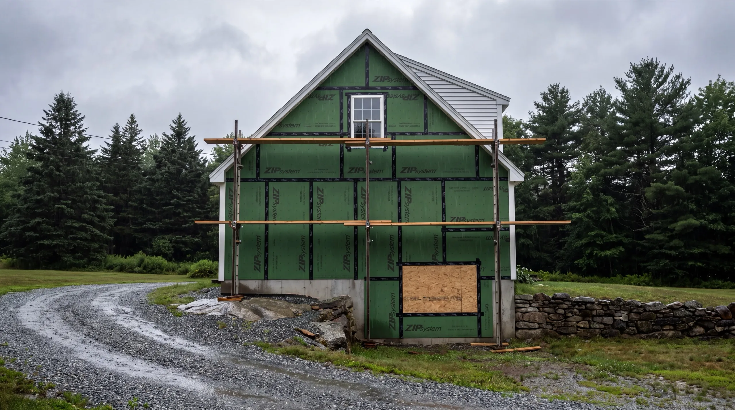 Gable wall in green taped sheathing with a plywood patch and pump jack staging in Vassalboro, Maine
