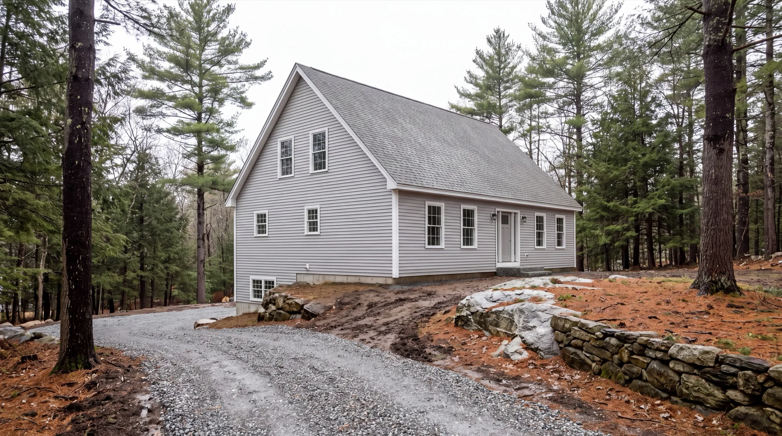 Siding contractor in West Gardiner, ME: finished gray lap-sided cape with white trim above a new gravel drive in pines
