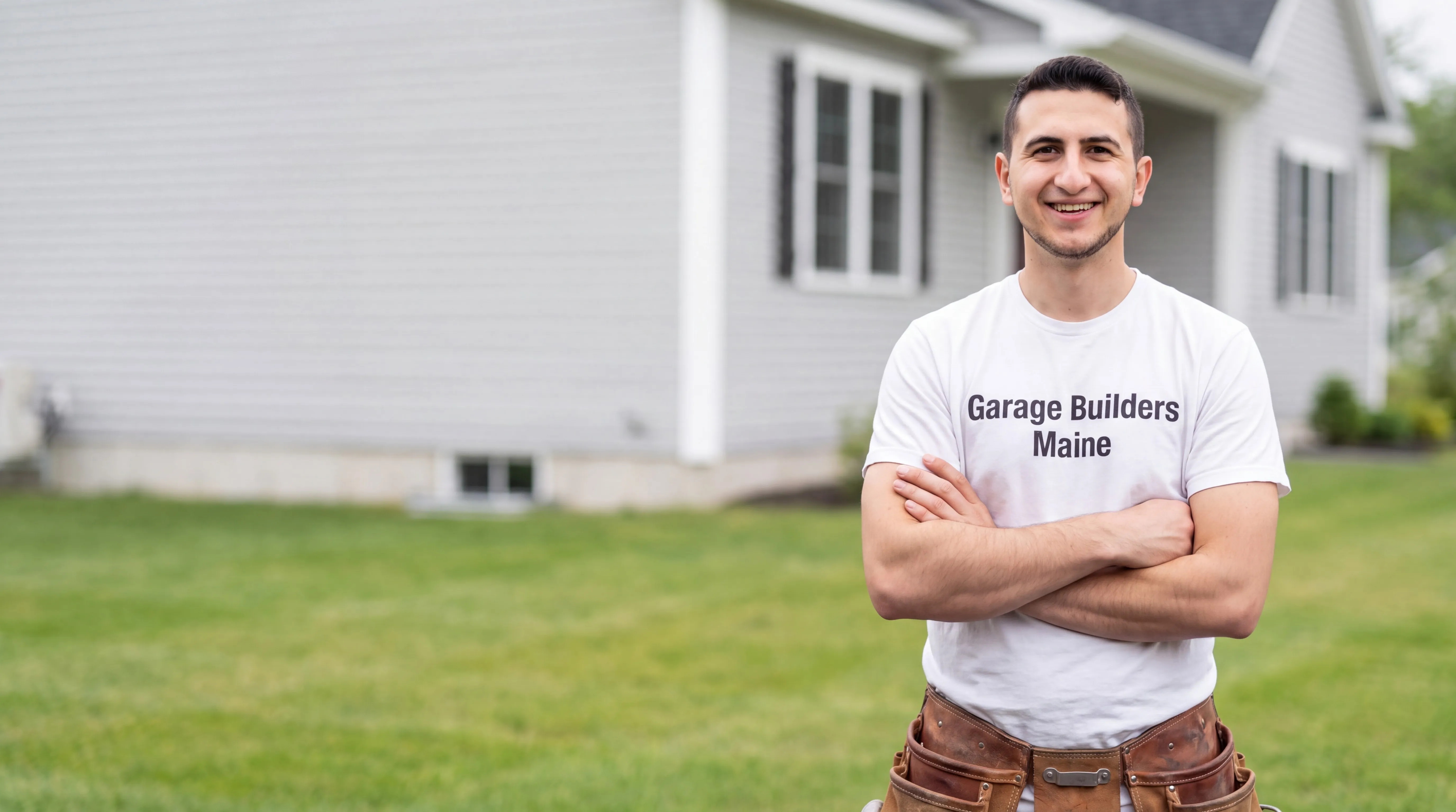 Owner of Garage Builders Maine standing with his arms crossed and smiling at a Maine job site