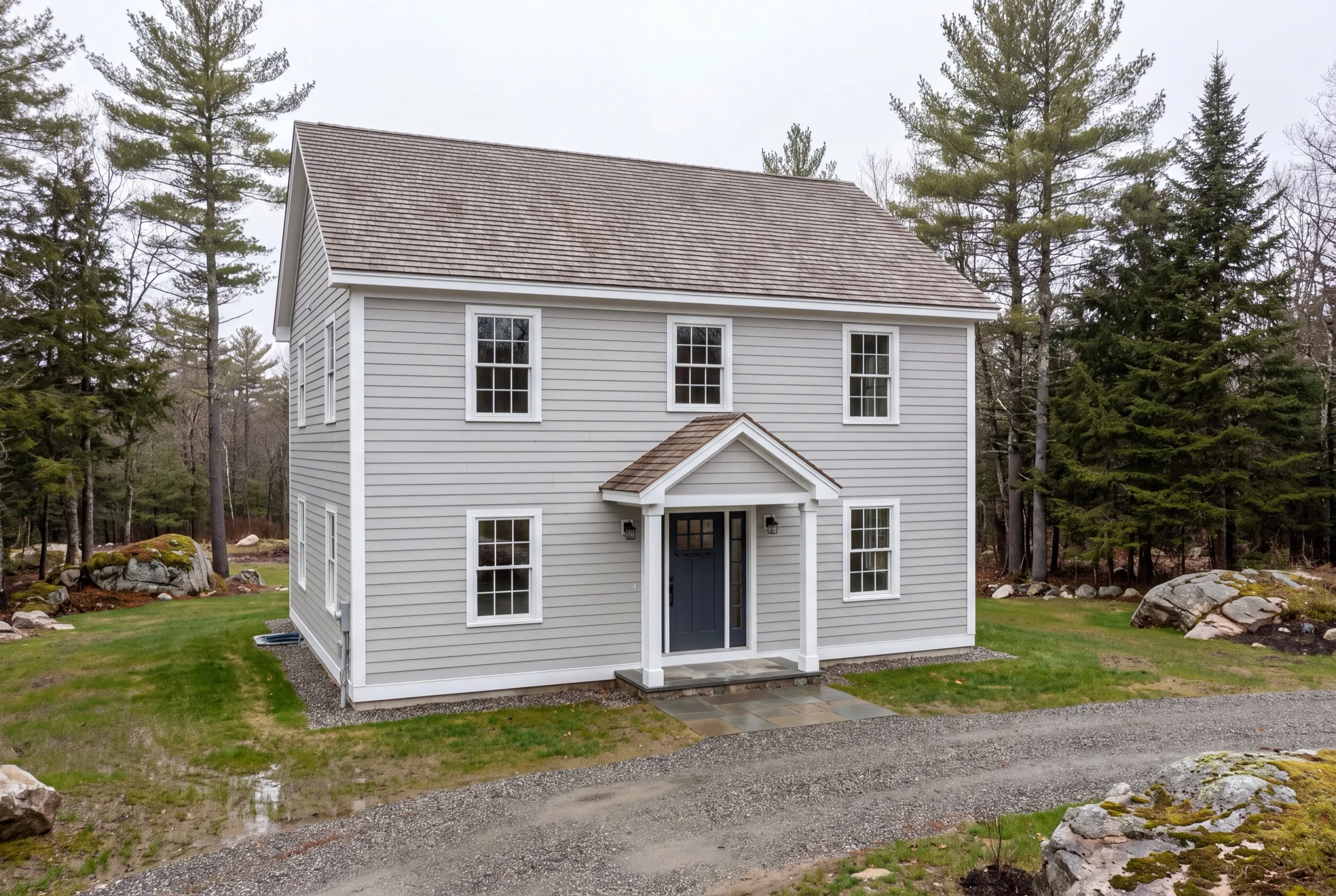 Siding contractor West Gardiner Maine: finished gray lap-sided colonial with a gabled entry porch and white trim