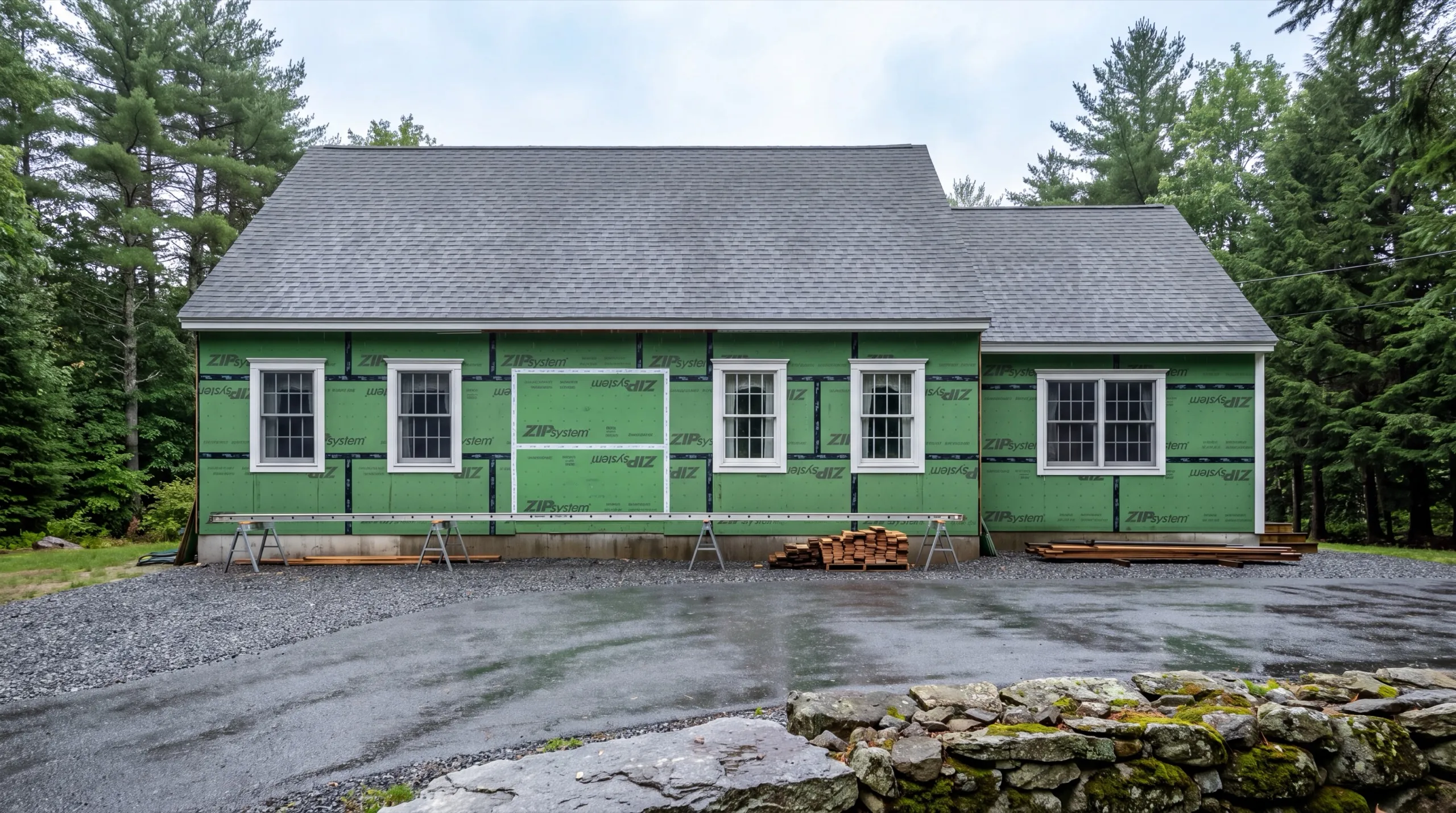 Cape with green sheathed walls, sawhorse staging and stacked trim lumber in West Gardiner, Maine