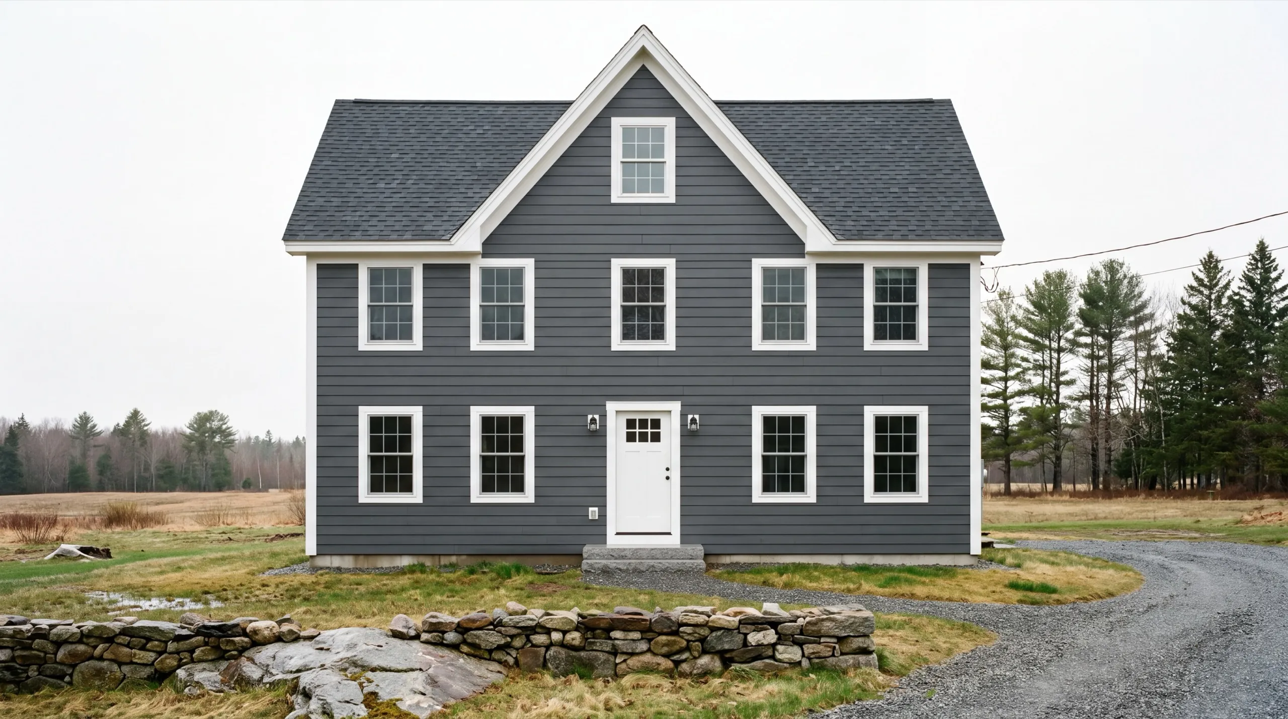 Siding contractor Whitefield Maine: finished dark gray lap-sided colonial with white trim and a front gable