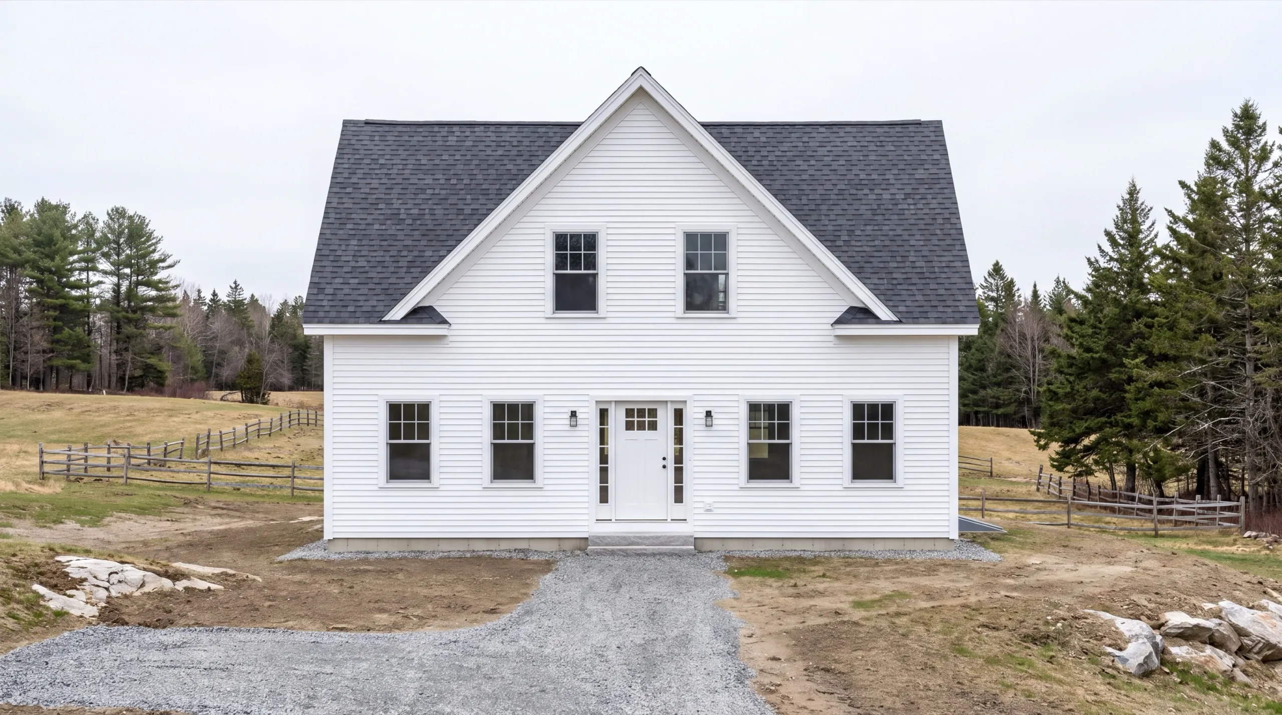 Siding contractor in Whitefield, ME: finished white lap-sided farmhouse with a front gable and a new gravel walk