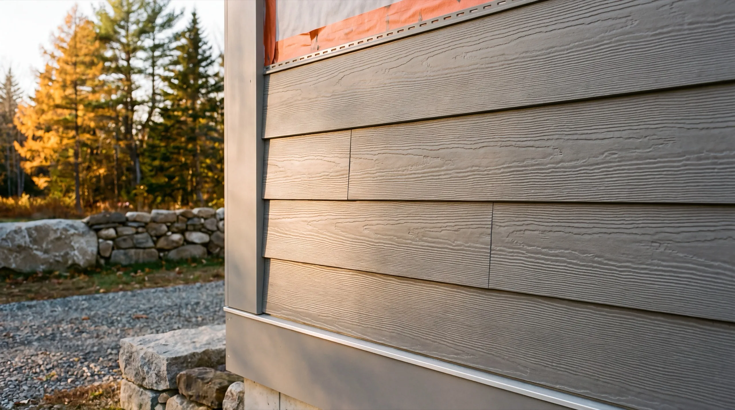 Siding contractor Whitefield Maine: gray wood-grain lap boards going up below exposed house wrap at a corner