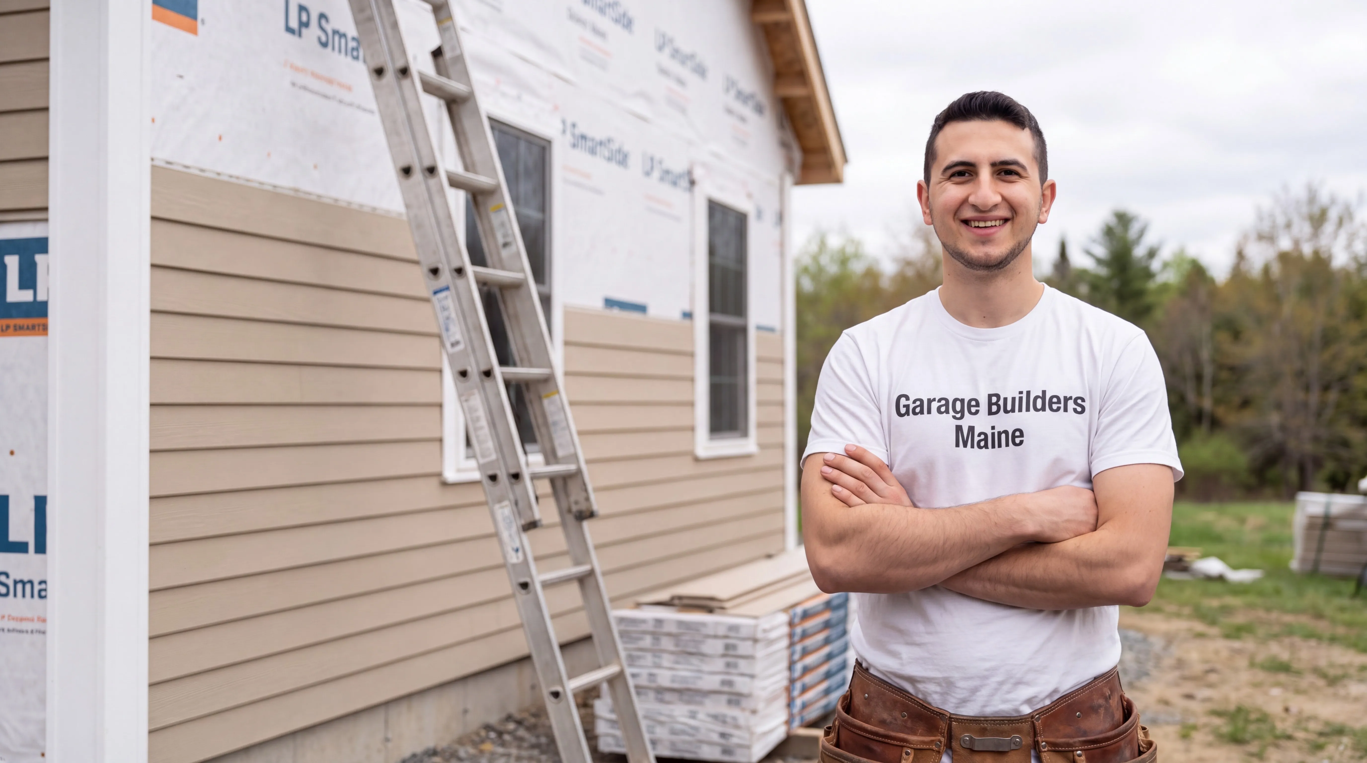 Siding contractor Whitefield Maine: owner with arms crossed beside a wall half covered in tan lap siding