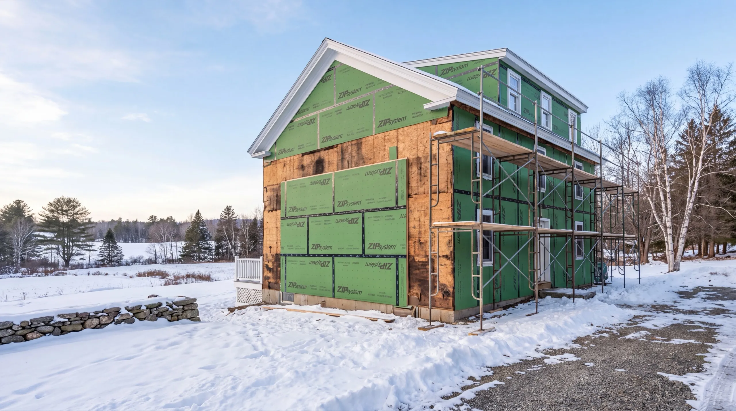 House stripped to old board sheathing with green panels going on and scaffolding in Whitefield, Maine