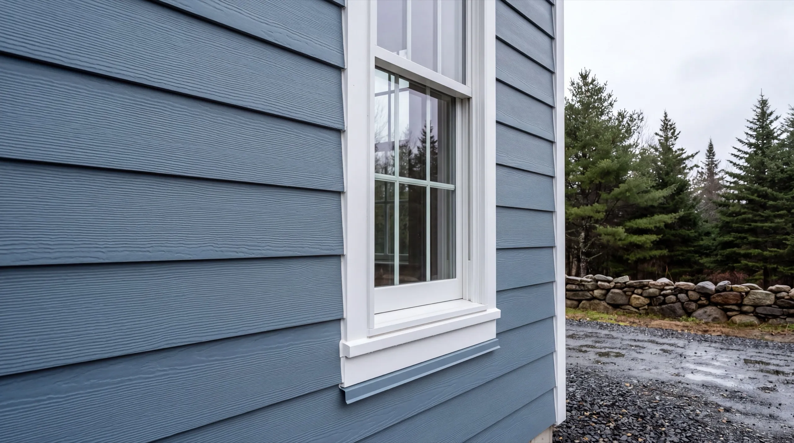 Siding installer Whitefield Maine: close-up of blue-gray lap siding around a white trimmed window with sill flashing