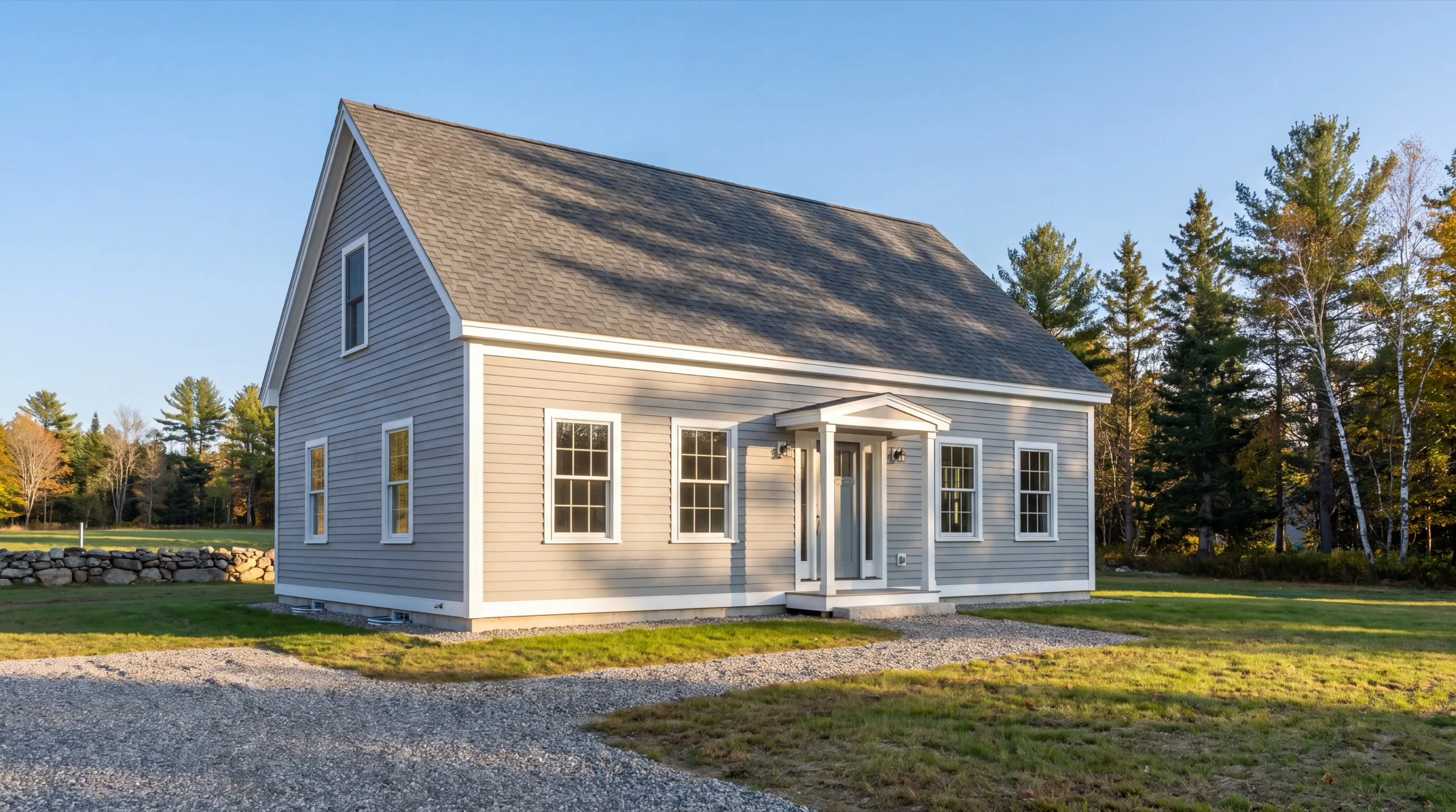 Siding contractor Windsor Maine: finished gray lap-sided cape with a white entry portico and a lawn
