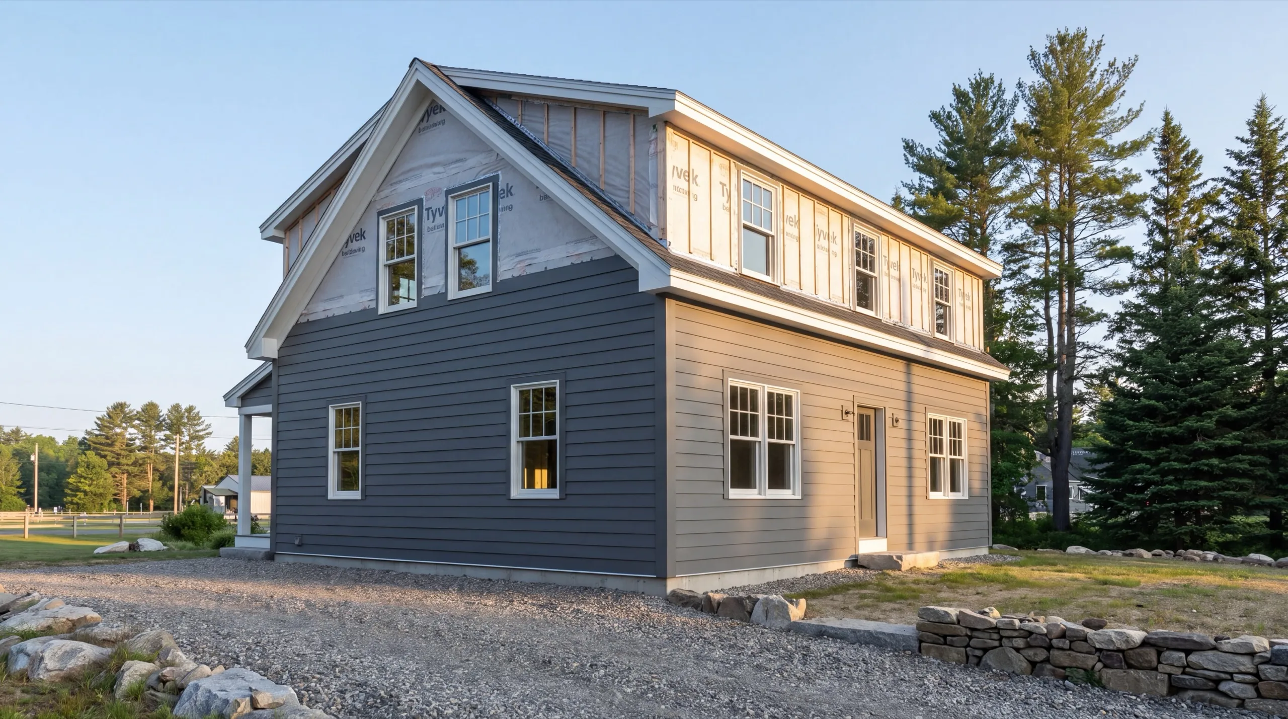 Siding contractor Windsor Maine: gray lap siding on the first floor, upper story still in house wrap
