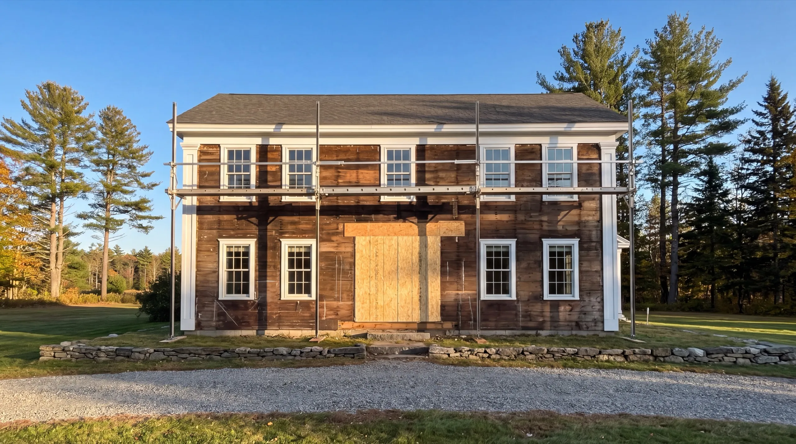 Old two-story house stripped to dark board sheathing with a boarded doorway in Windsor, Maine