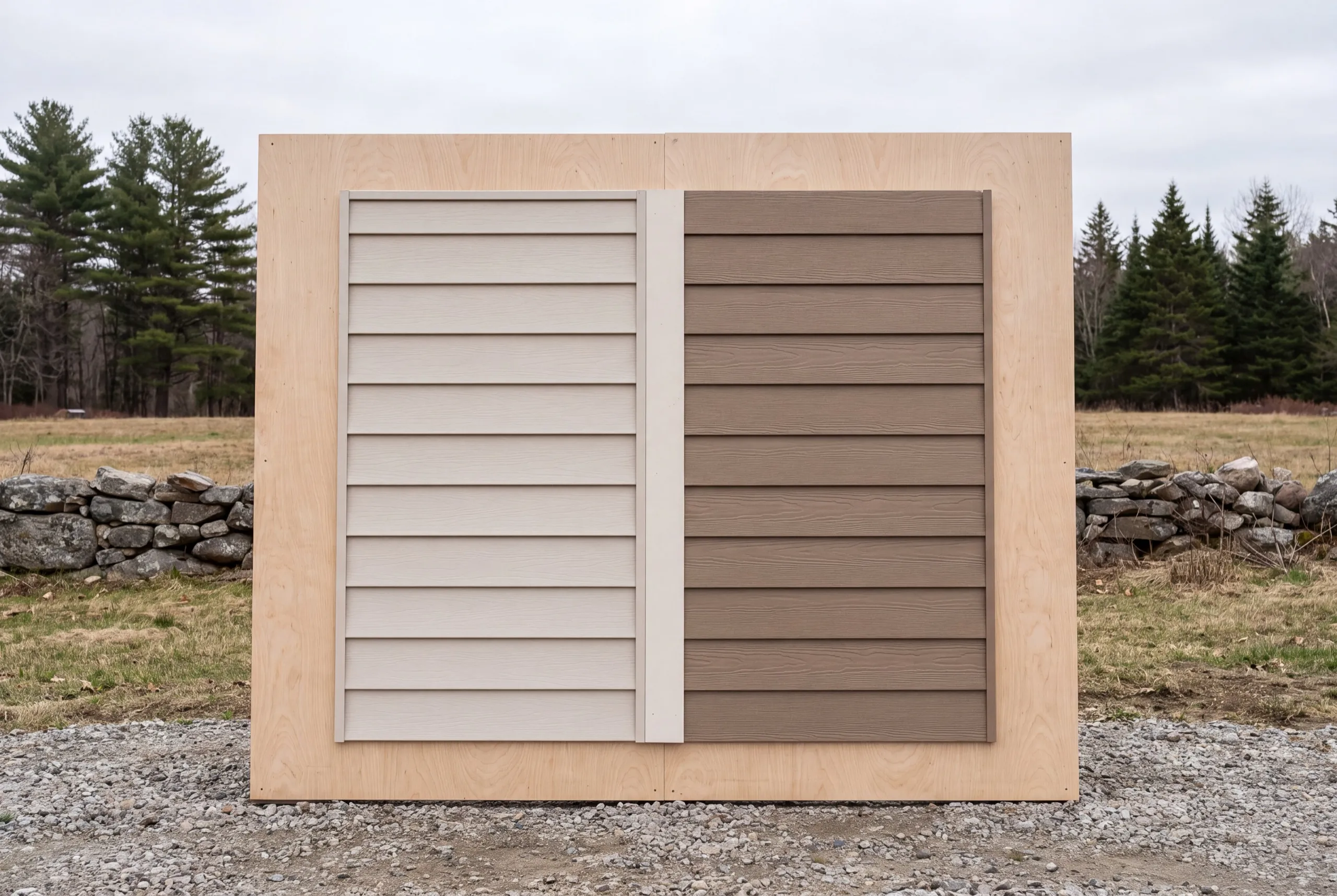 Siding contractor Windsor Maine: sample board with light lap siding beside brown wood-grain lap siding