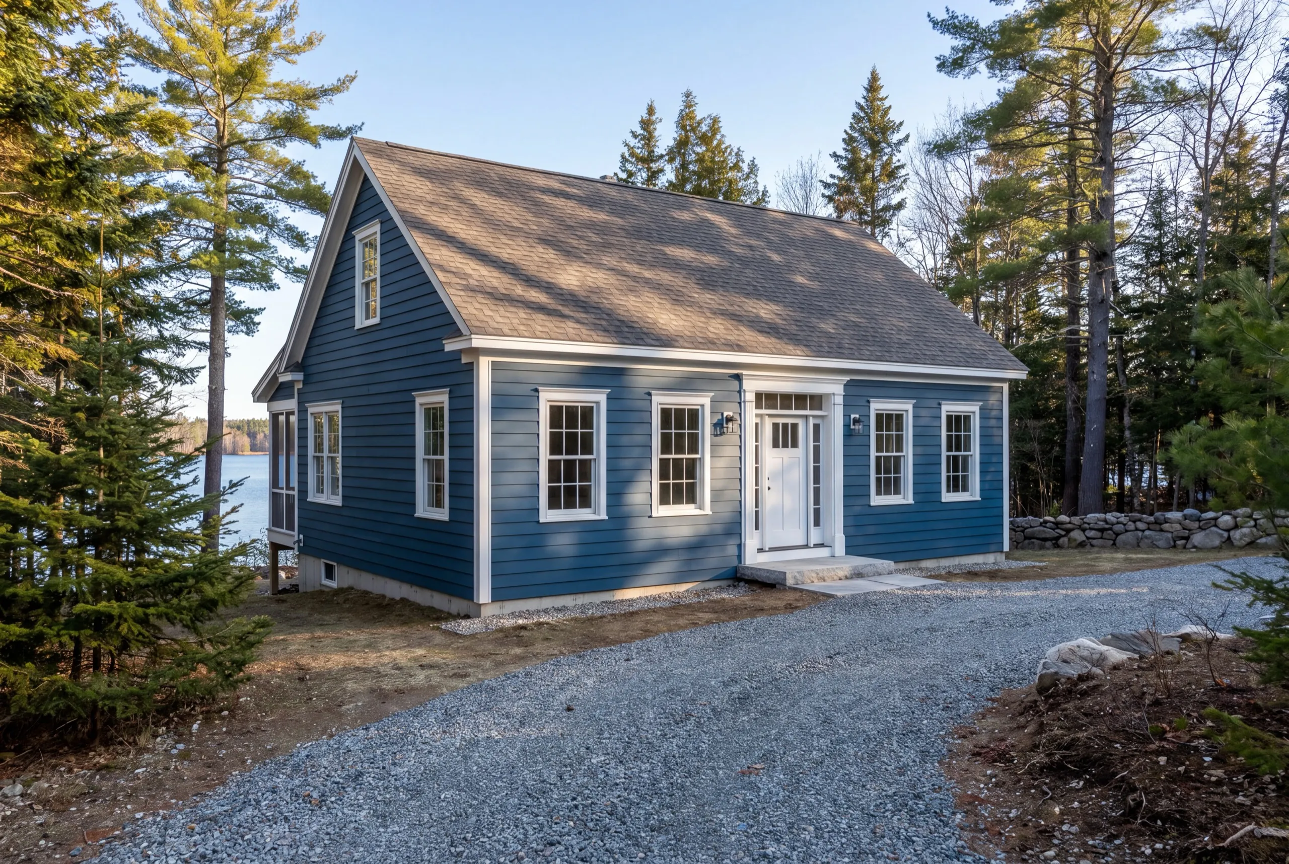 Siding contractor Winthrop Maine: blue lap-sided cape with white trim on a wooded lot by the water