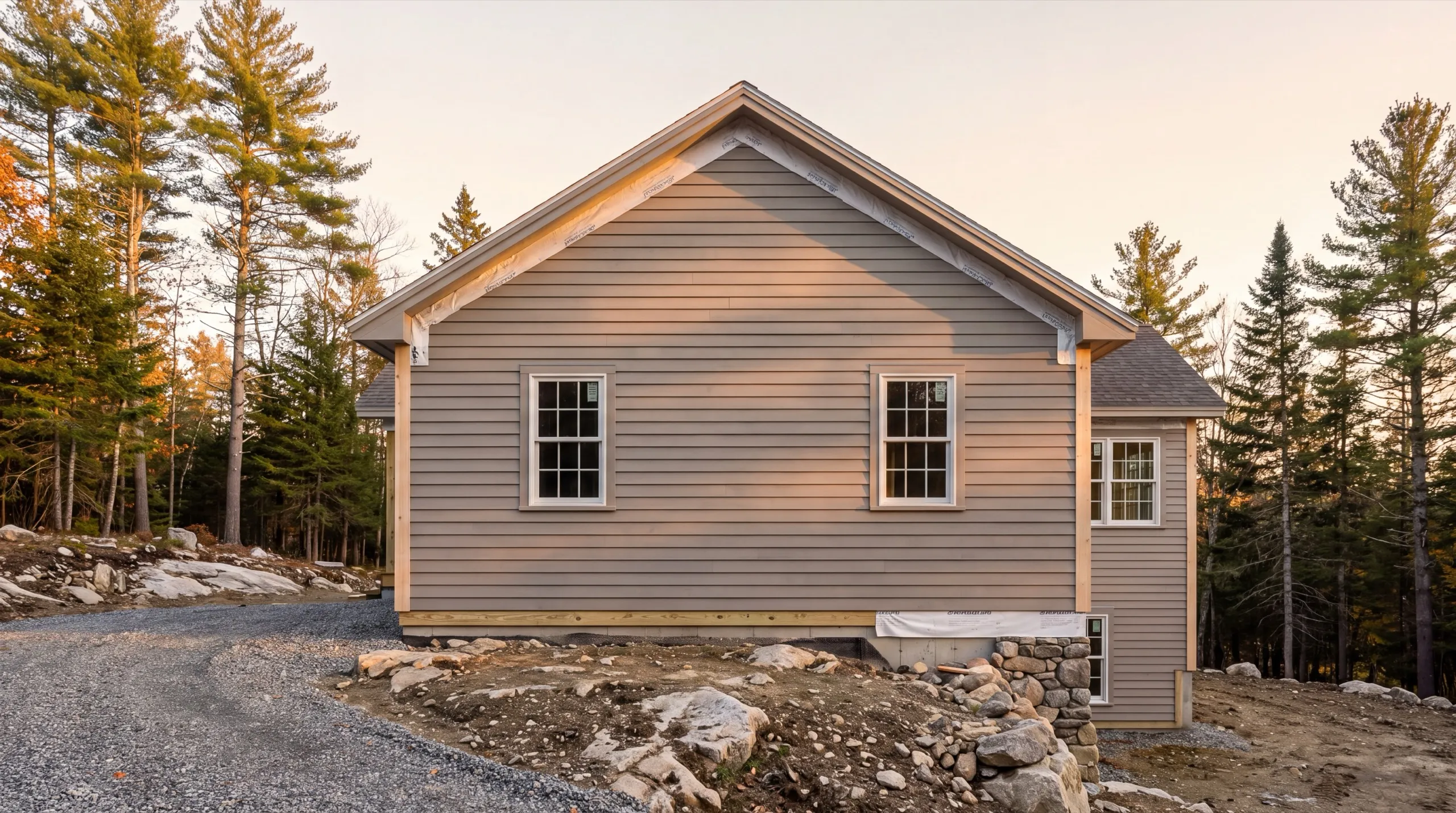 Siding contractor Winthrop Maine: gable wall in new tan lap siding with house wrap showing at the trim