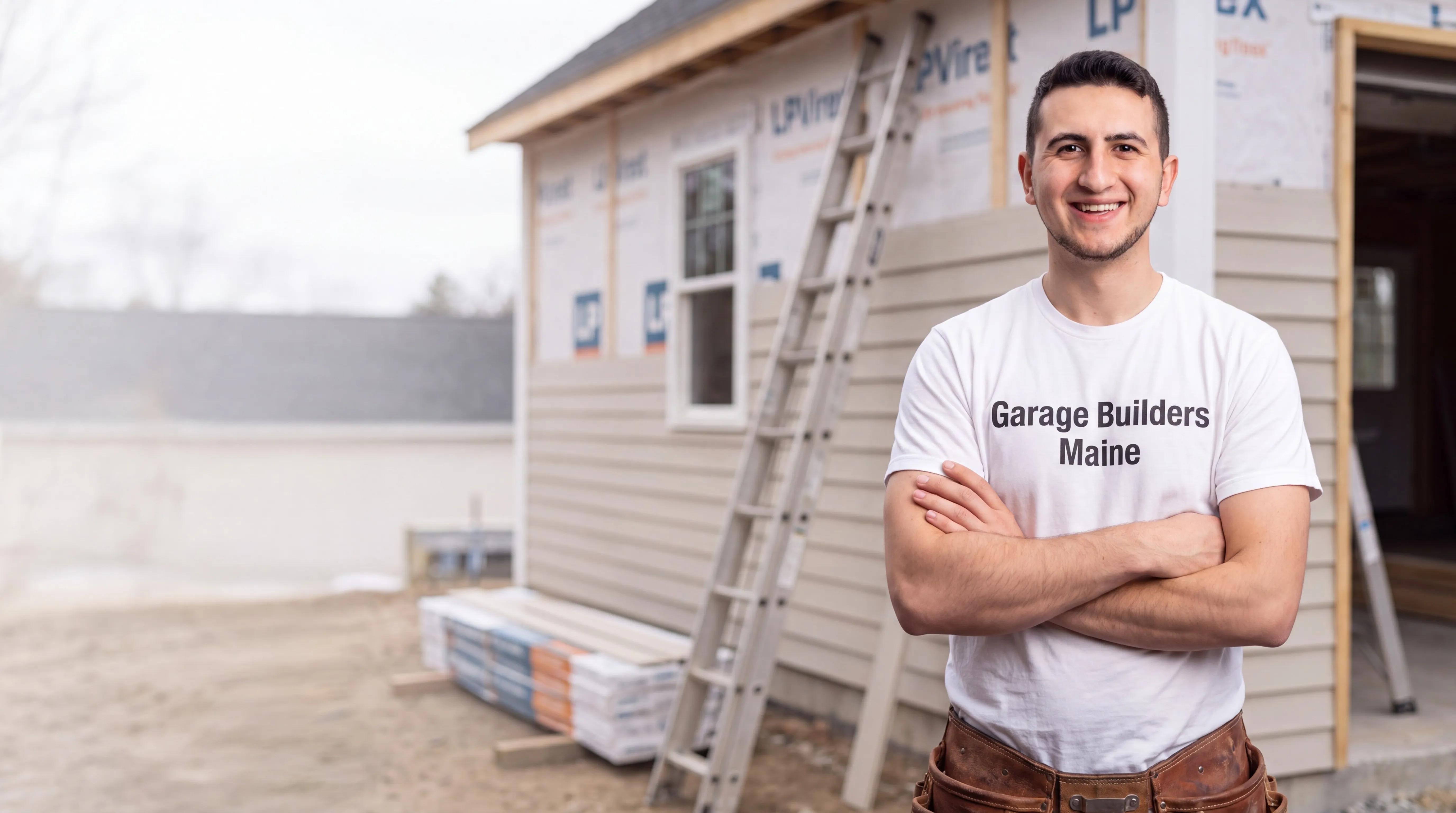 Siding contractor Winthrop Maine: owner with arms crossed beside a wall half sided in tan lap siding