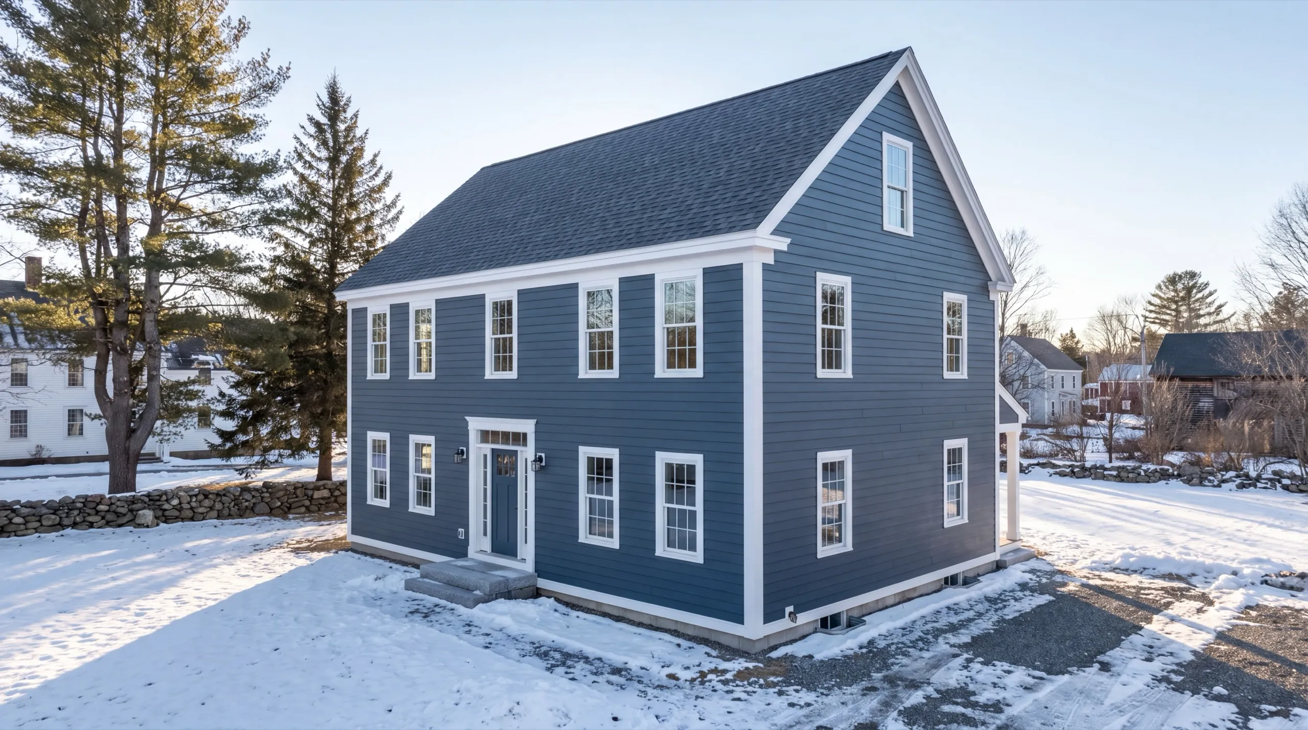 Siding contractor Wiscasset Maine: finished blue-gray lap-sided colonial with white trim on a snowy lot