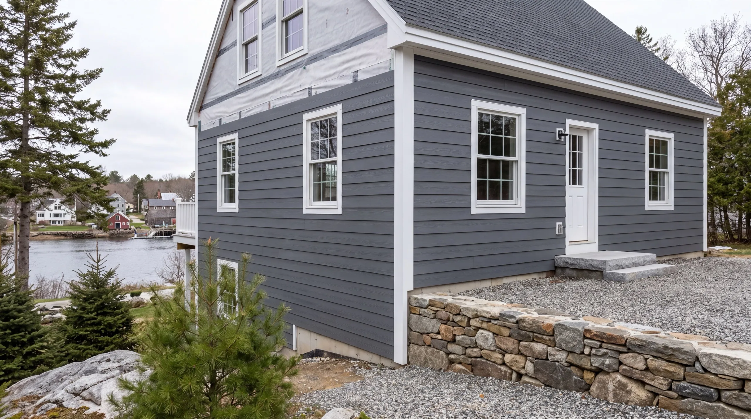 Siding contractor Wiscasset Maine: gray lap siding on the lower walls, upper gable still in house wrap