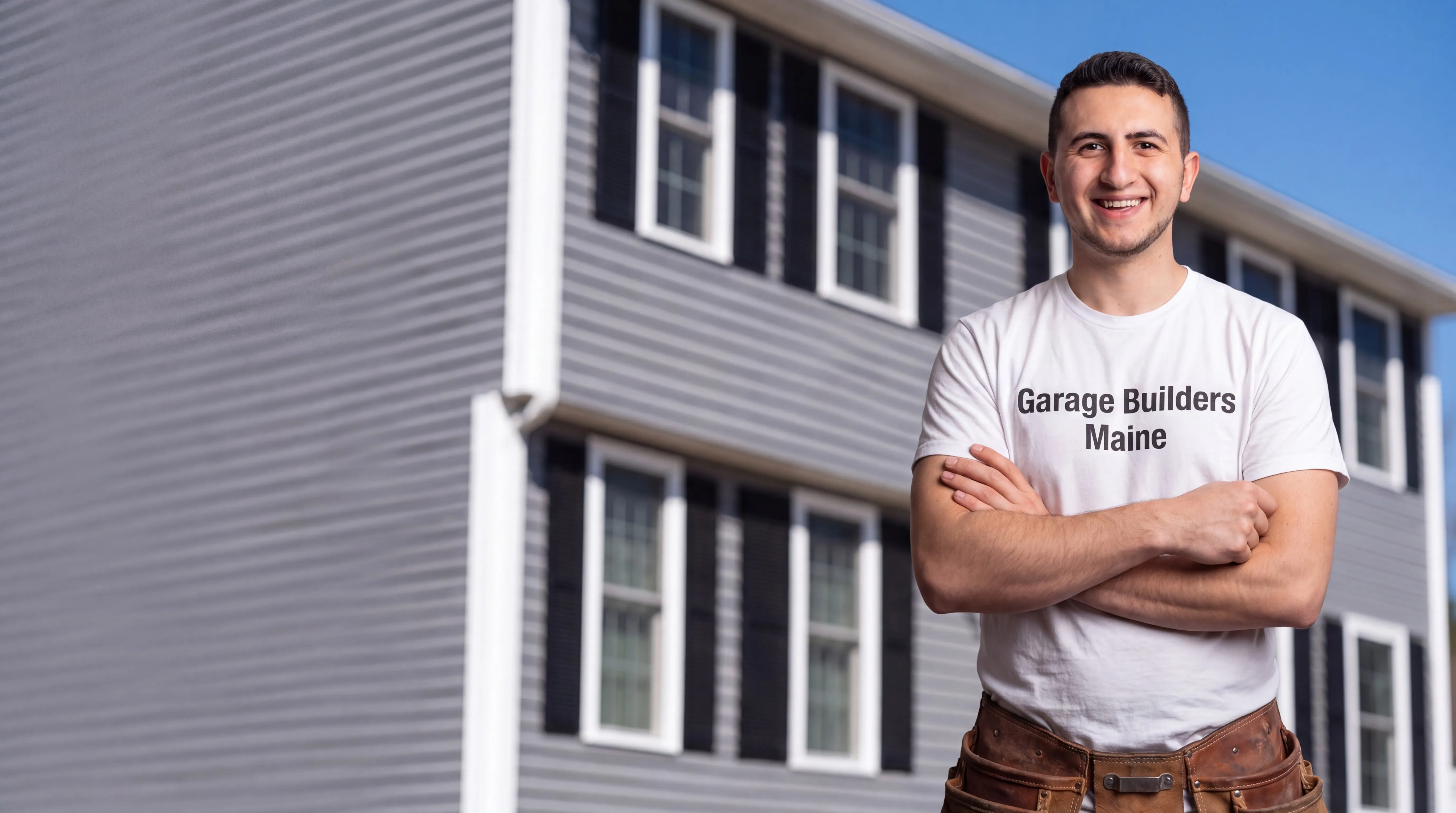 Siding contractor Wiscasset Maine: owner with arms crossed in front of a gray colonial with black shutters