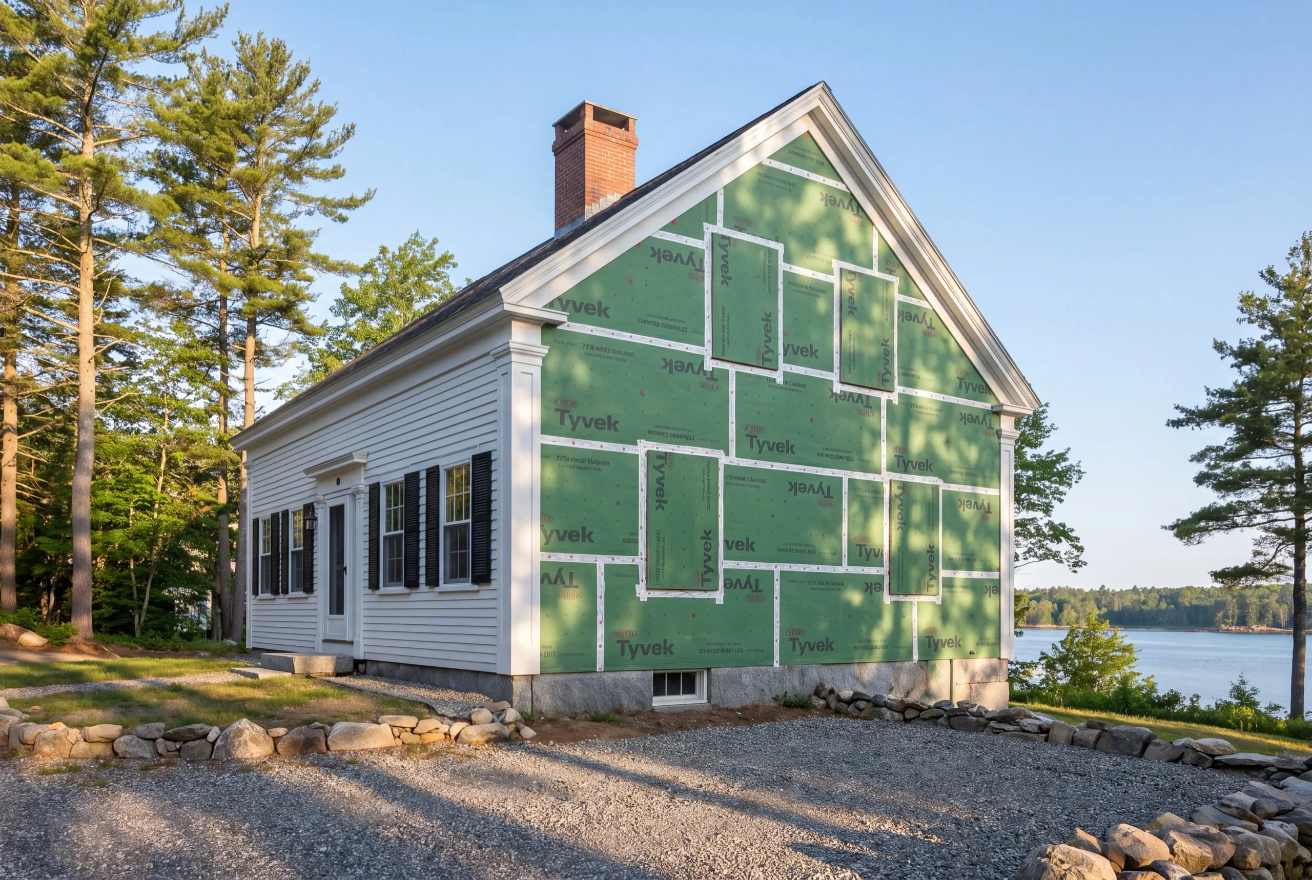 Gable wall in green house wrap beside a white clapboard wall with black shutters in Wiscasset, Maine