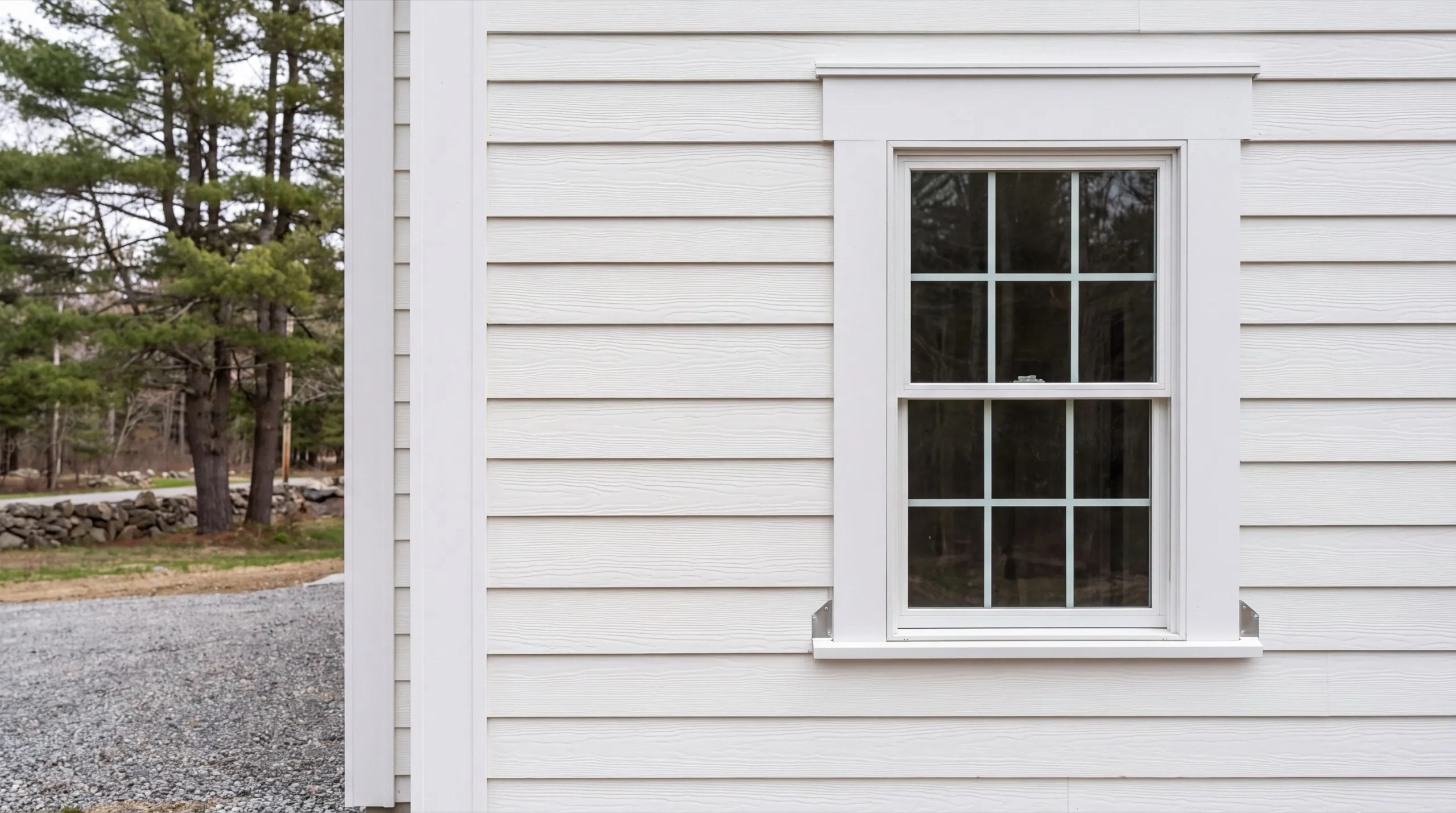 Siding installer Wiscasset Maine: white lap siding around a white window casing with sill and head trim