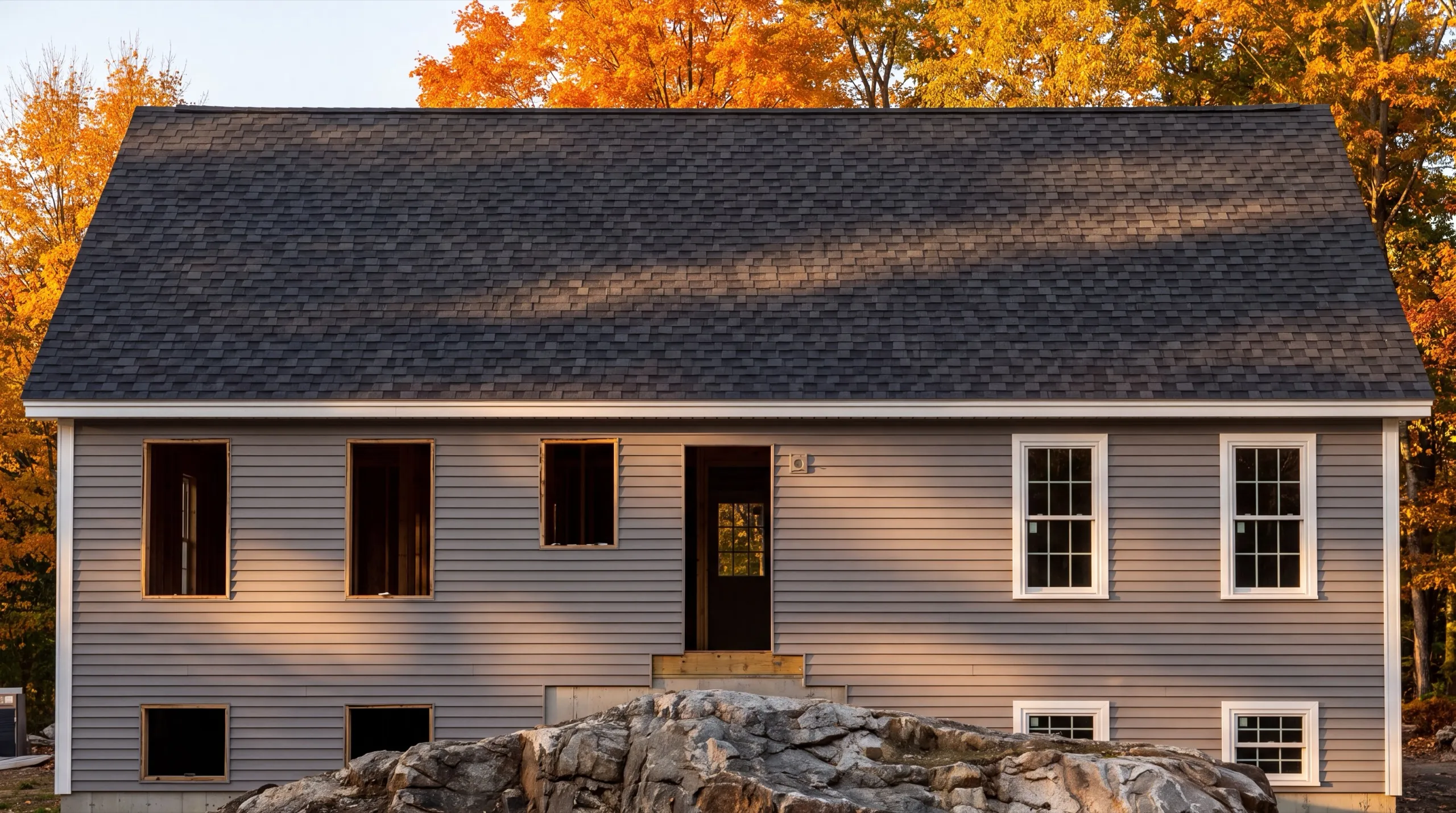 Siding contractor Central Maine: gray-sided raised ranch with several window openings still empty